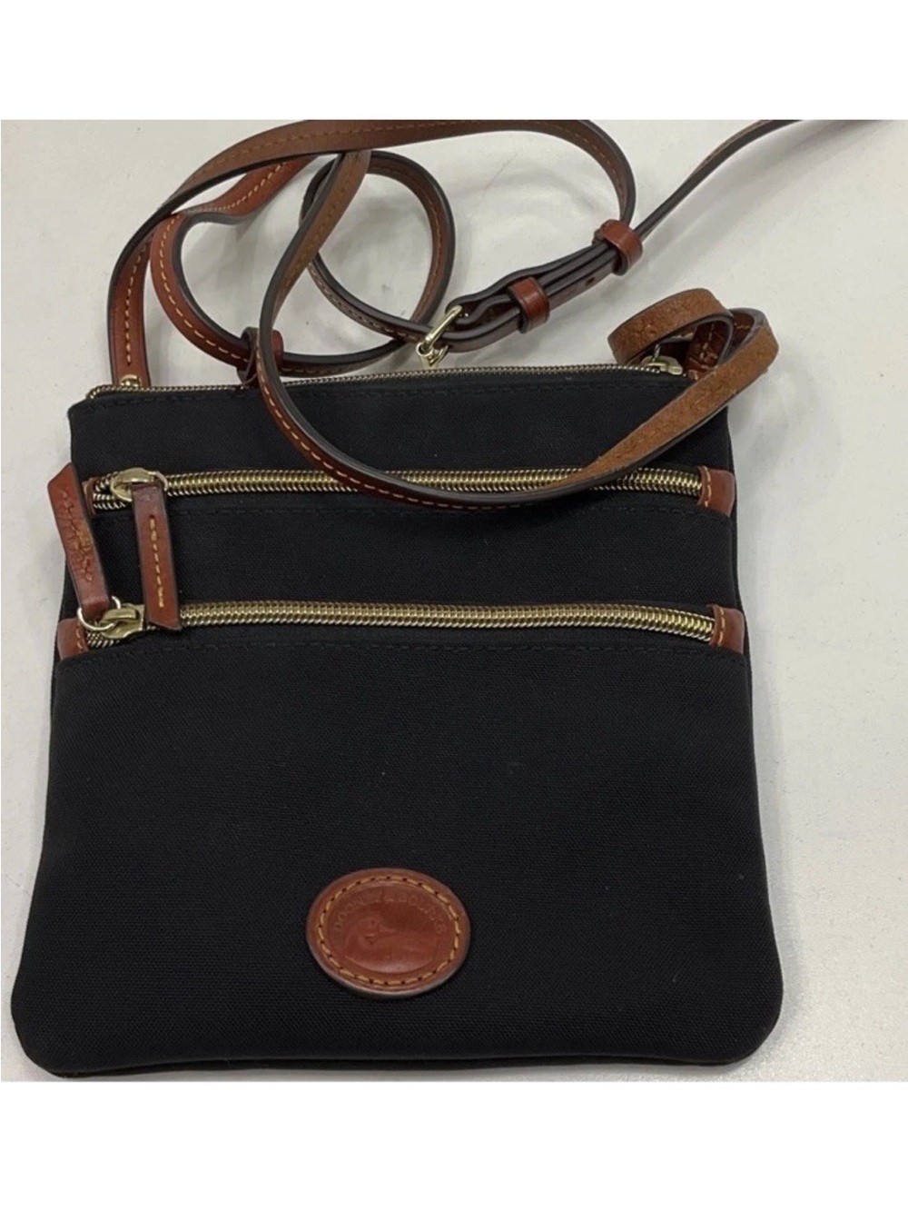 Dooney & Bourke Black Canvas Crossbody with Brown Leather Trim